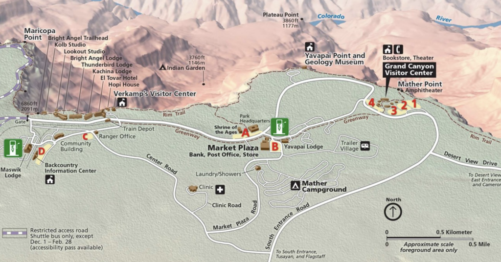 Map of the Grand Canyon Village showing EV charging stations